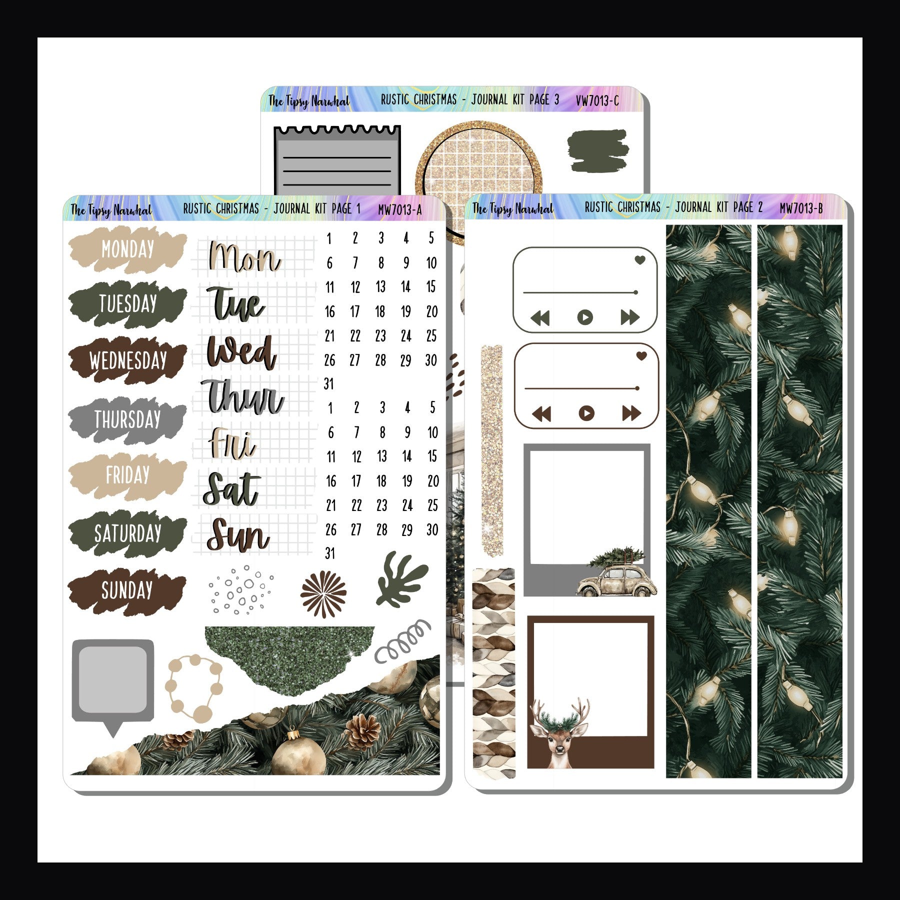 Rustic Christmas Journal Kit is a 3 page sticker kit.  This design heavy sticker kit is designed for more freestyle planning, such as a journal.  It features a cozy Christmas theme and is done with a neutral color palette. 