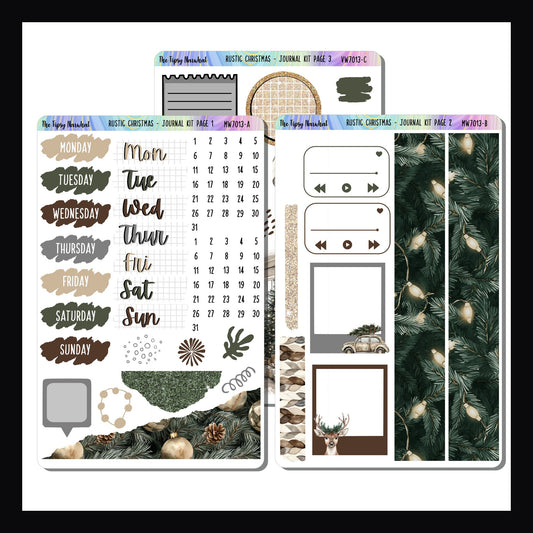 Rustic Christmas Journal Kit is a 3 page sticker kit.  This design heavy sticker kit is designed for more freestyle planning, such as a journal.  It features a cozy Christmas theme and is done with a neutral color palette. 