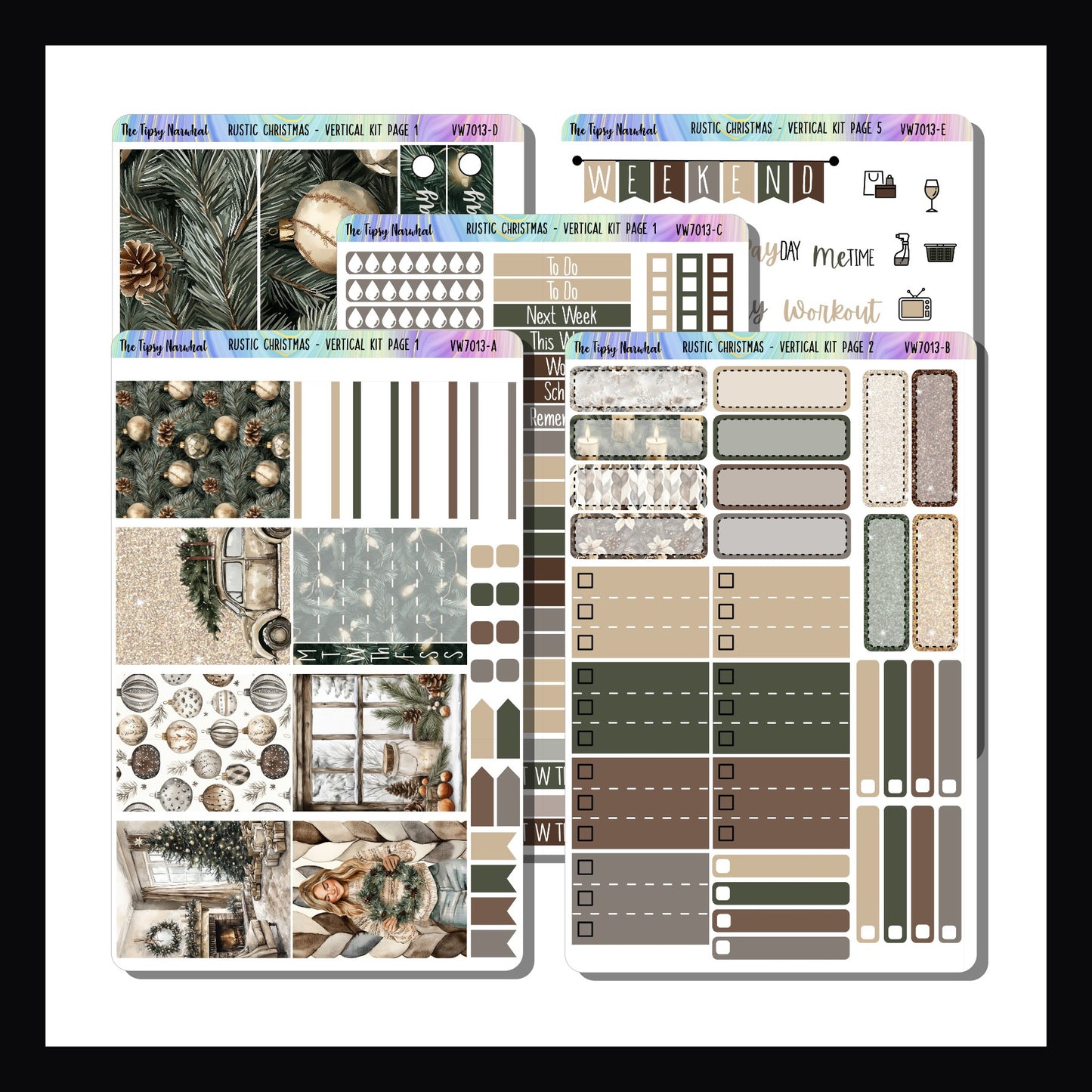 Rustic Christmas Vertical Kit is a 5 page sticker kit sized to fit vertical style planners.  The kit features a cozy Christmas theme and is done in neutral colors. 