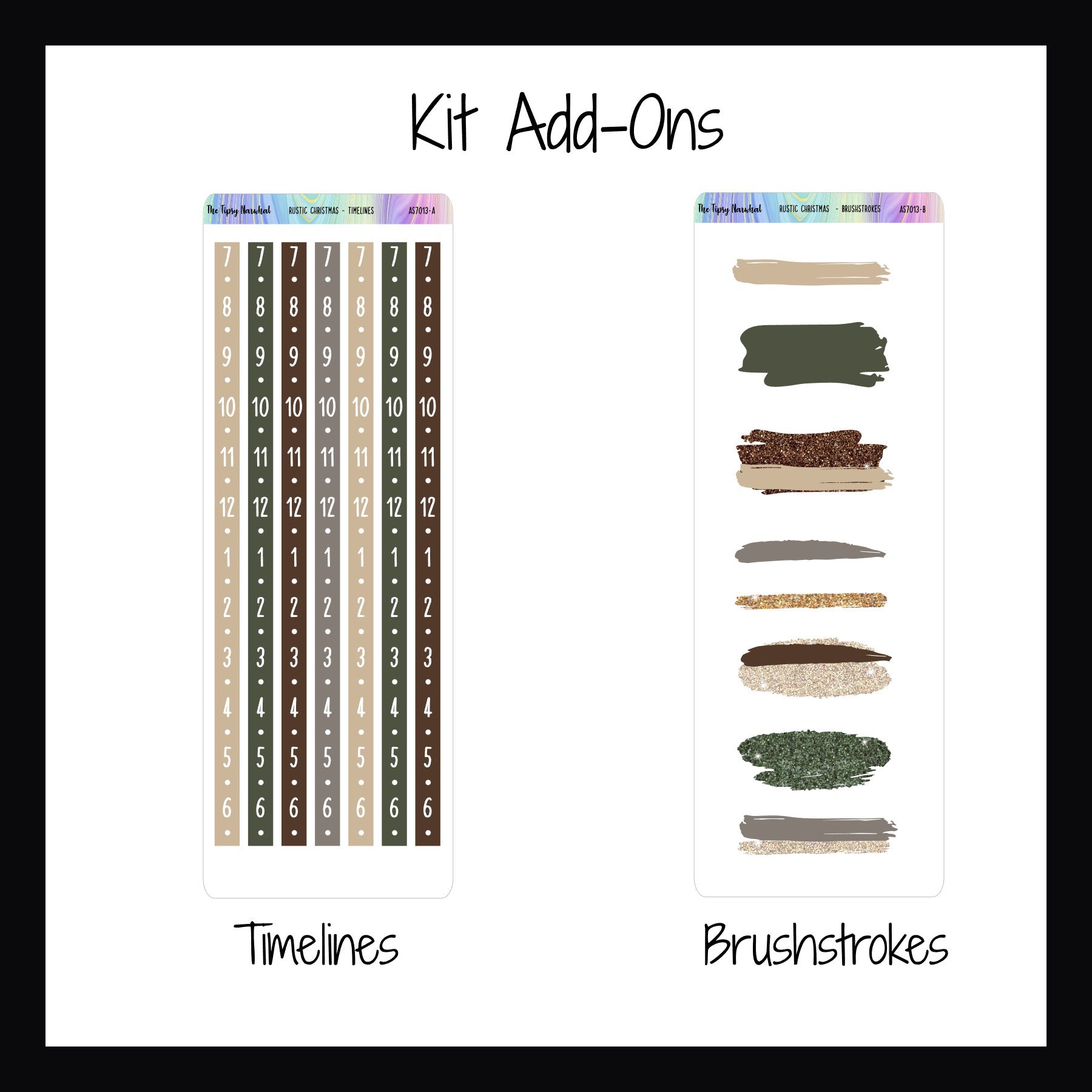 Rustic Christmas Kit Add-Ons.  Timeline sticker sheet features 7 strips of numbered stickers to turn any vertical space into an hourly style planner.  The brushstrokes sheet features 8 brushstroke style stickers.  Both sheets coordinate with the Rustic Christmas Weekly Kits.