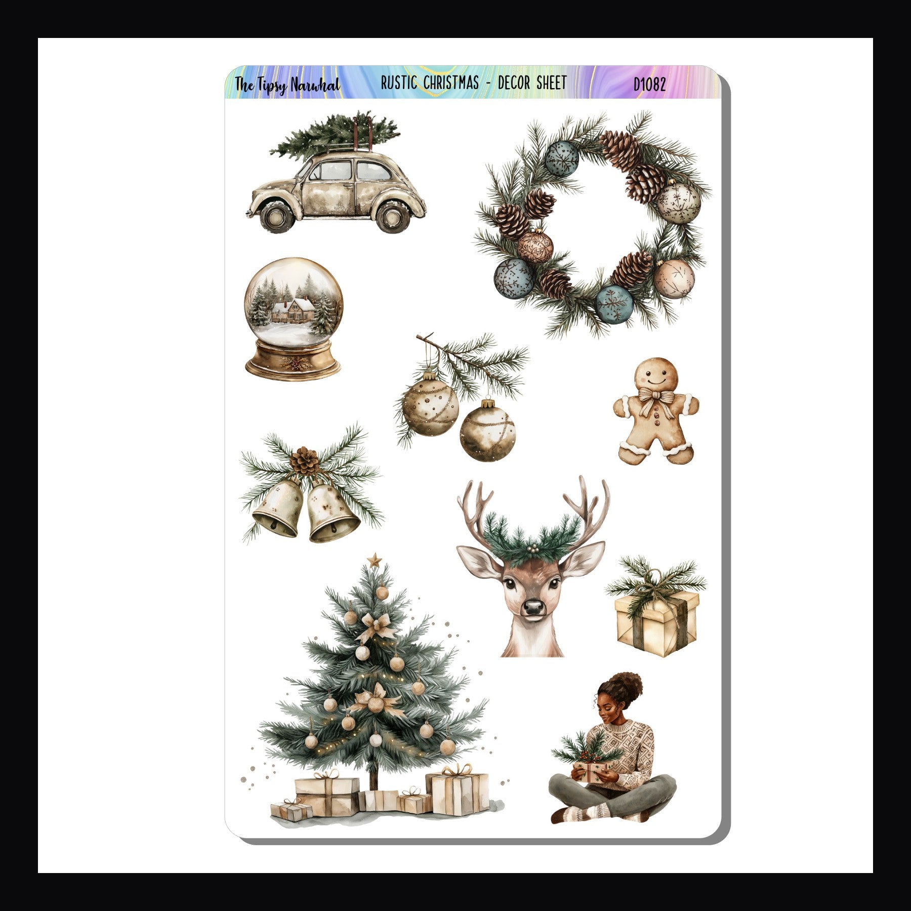 Vertical Christmas Decor Sheet features various Christmas stickers including a wreath, tree, gift, and bells.  Coordinates with the Rustic Christmas weekly Kits.  