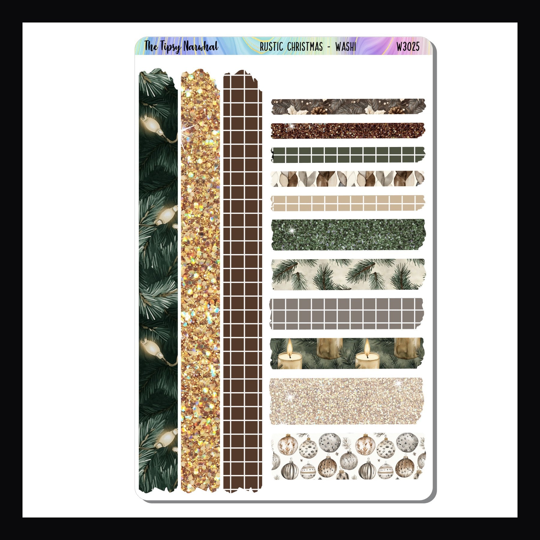 Rustic Christmas Washi Sheet is a 4.5 x 7 inch sticker sheet.  It features 14 strips of washi style stickers, each with a unique pattern, color and design.  Coordinates with the Rustic Christmas Weekly Kits. 