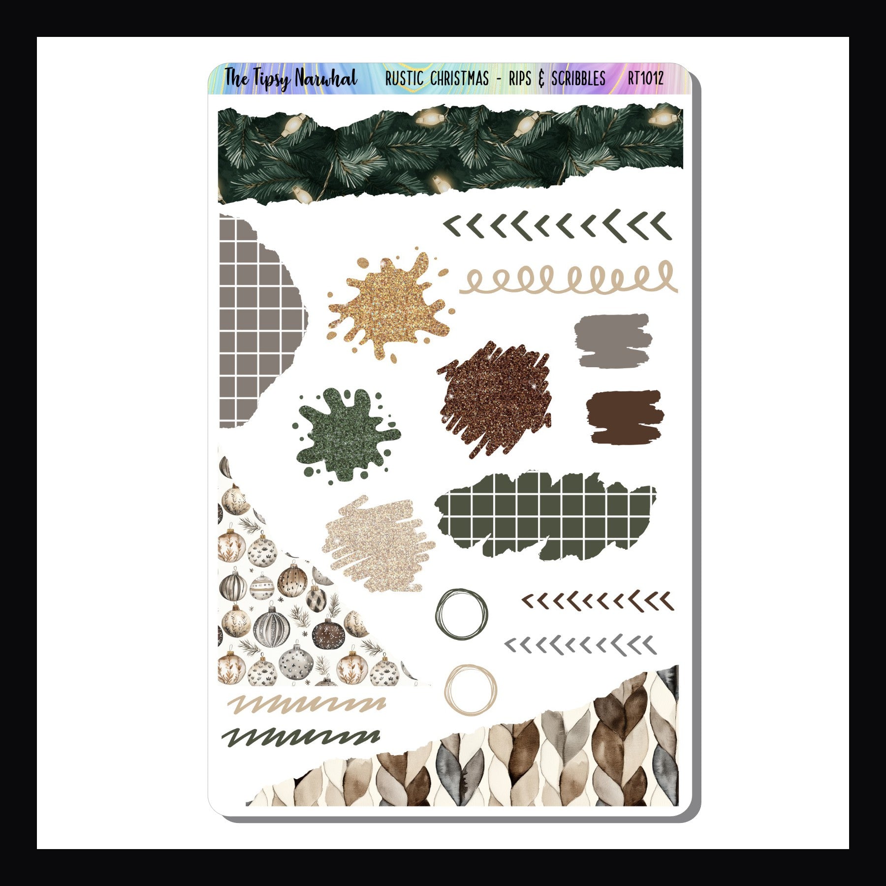 Rustic Christmas Rips & Scribbles Sheet is a 4.5 x 7 inch sticker sheet featuring various stickers with a ripped appearance also includes stickers with a scribbled design.  Coordinates with the Rustic Christmas Weekly Kits. 