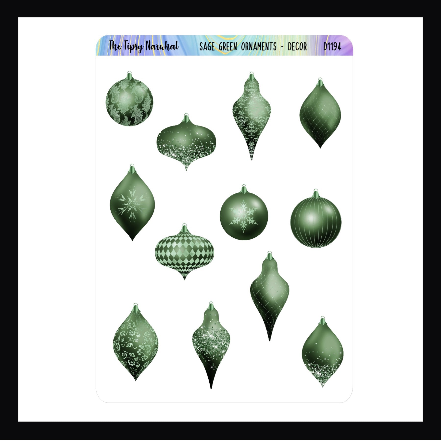 Sage Green Ornaments Decor Sheet feature 12 green ornament stickers in various shapes and patterns. Shown on a white background. 
