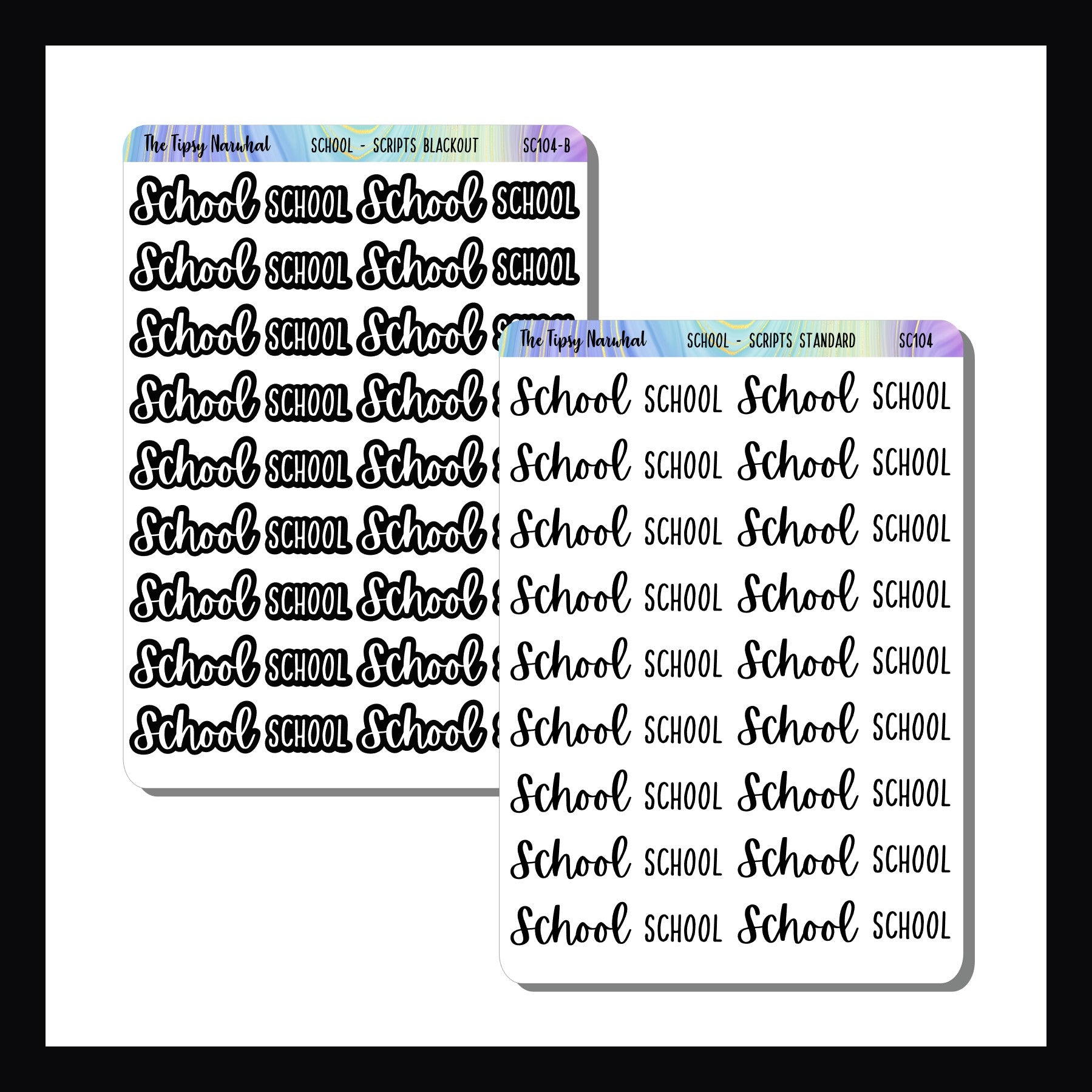 Two sheets of 'School' text stickers on a white background