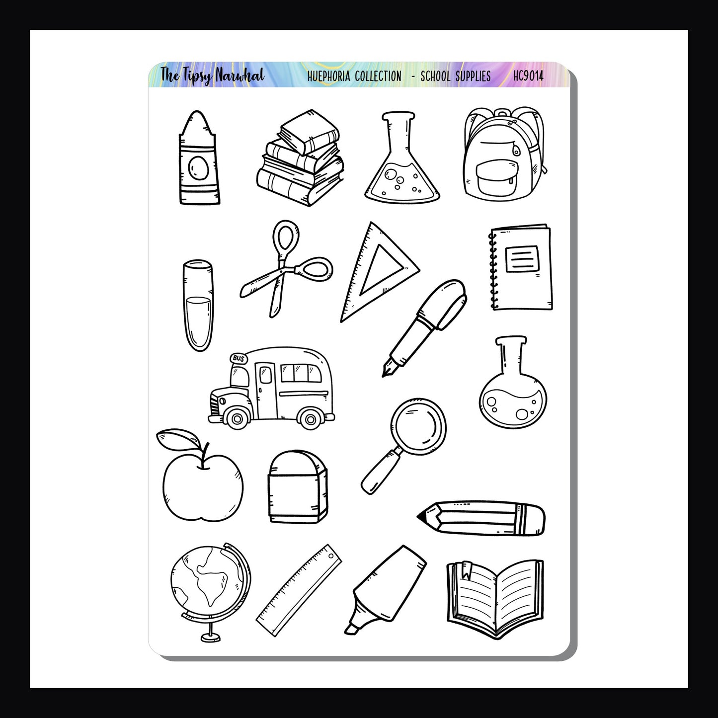 School Supplies sticker sheet features popular back to school images in a ready to color sticker format.  Part of the Huephoria Sticker Collection.