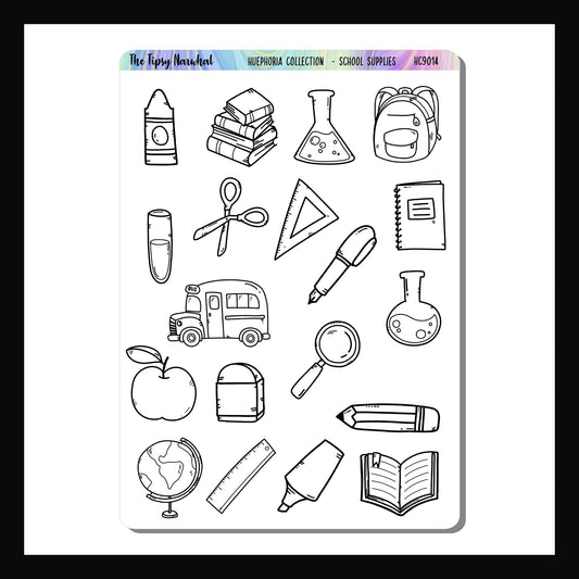 School Supplies sticker sheet features popular back to school images in a ready to color sticker format.  Part of the Huephoria Sticker Collection.