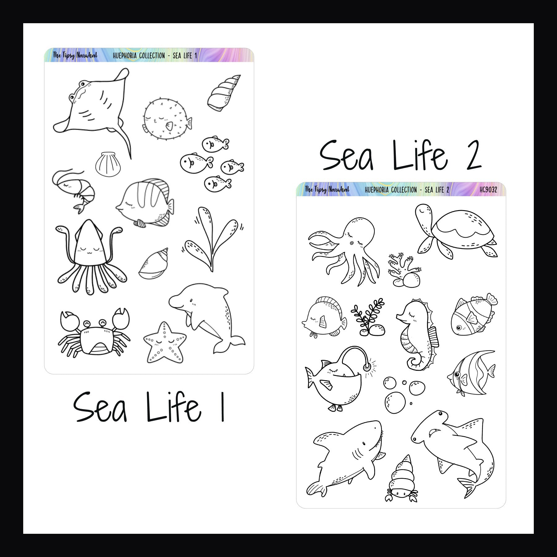 Sea Life Huephoria set 1 features a dolphin, ray, shrimp, squid, crab and several styles of fish.  Sea Life 2 features an octopus, sea turtle, seahorse, several fish and two different sharks. 