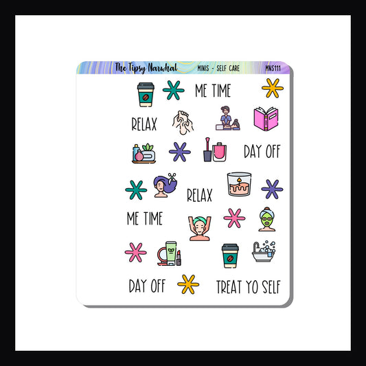 Mini Icon Sheets Self Care is a 3.5 x 4" sticker sheet featuring different self care icons.  Mark those important self care days with small icon  stickers. Perfect for small planners, monthly layouts, and wall calendars.