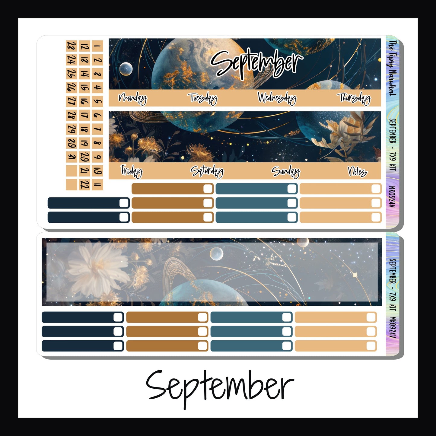 September monthly sticker kit for 7x9 vertical planners.  Septembers design includes bright yellow flowers over a backdrop of sapphire colored planets with gold rings.  Colors include various shads of sapphire blue, gold and yellow.