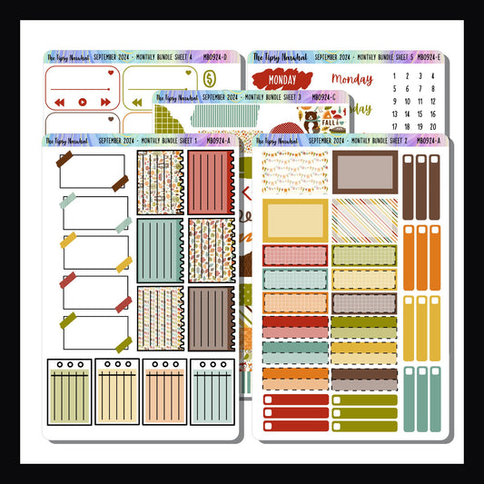 September 2024 Monthly Bundle is a 5 page sticker kit filled functional stickers in a limited theme/color palette.  