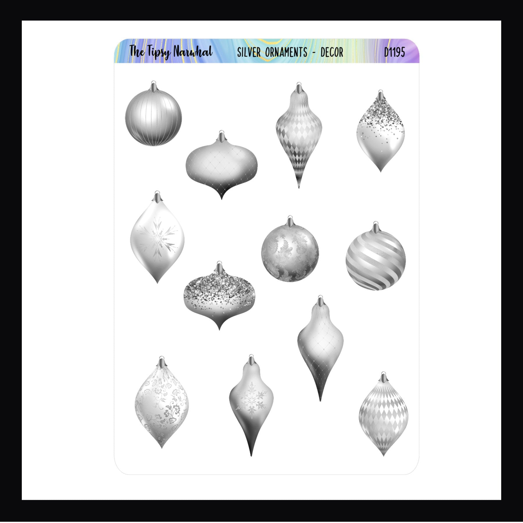 Silver Ornaments Decor Sheet features 12 silver ornament stickers with various shapes and patterns. Shown here on a white background.