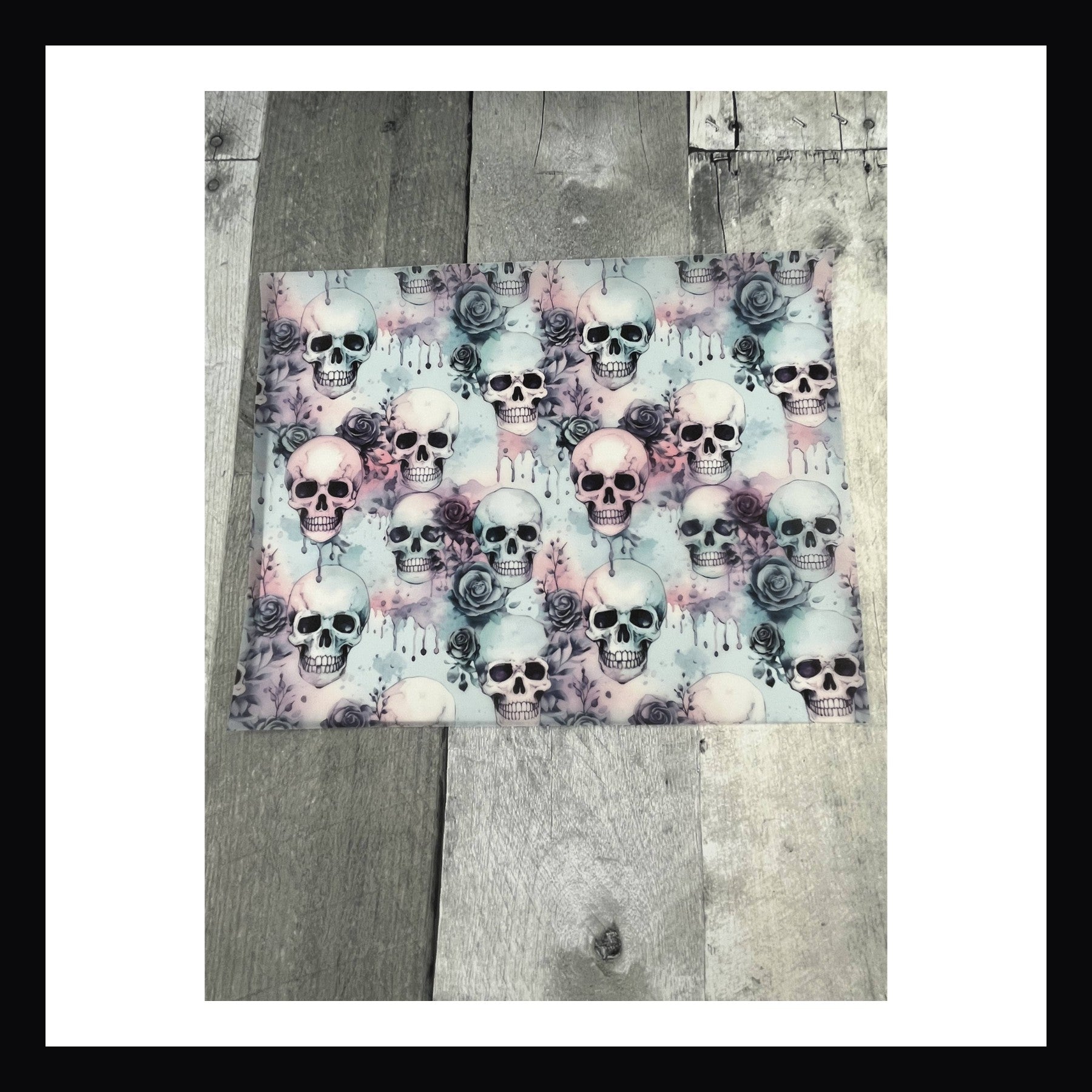8x10 inch printed vellum, skull pattern, skull, roses, blue, pink and black, gothic vellum, halloween vellum, spooky vellum, halloween print