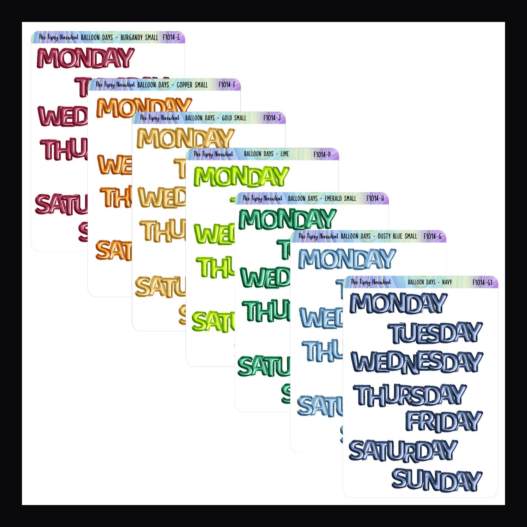 Small Daily Balloon Headers shown in a variety of colors on a white background.