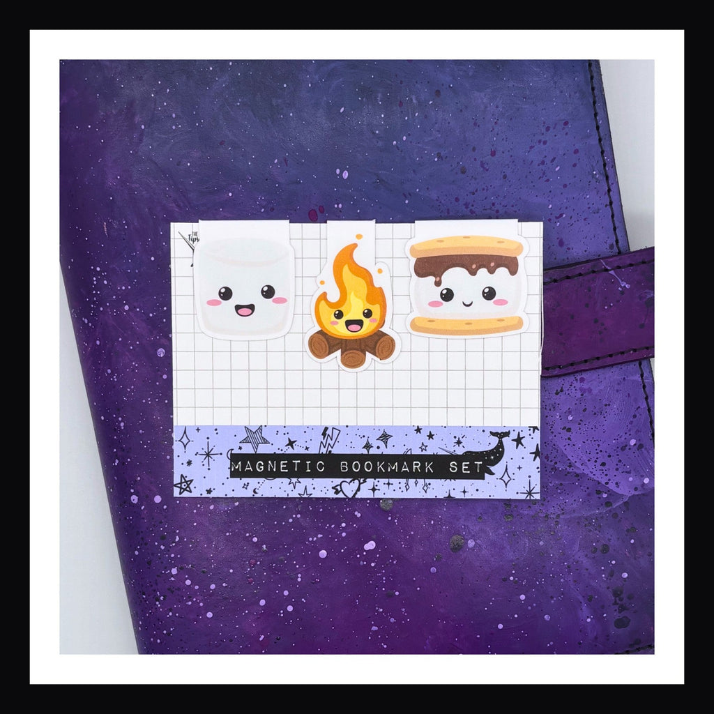 Magnetic Bookmark - S'mores Trio collection of three bookmarks shown here on a purple planner