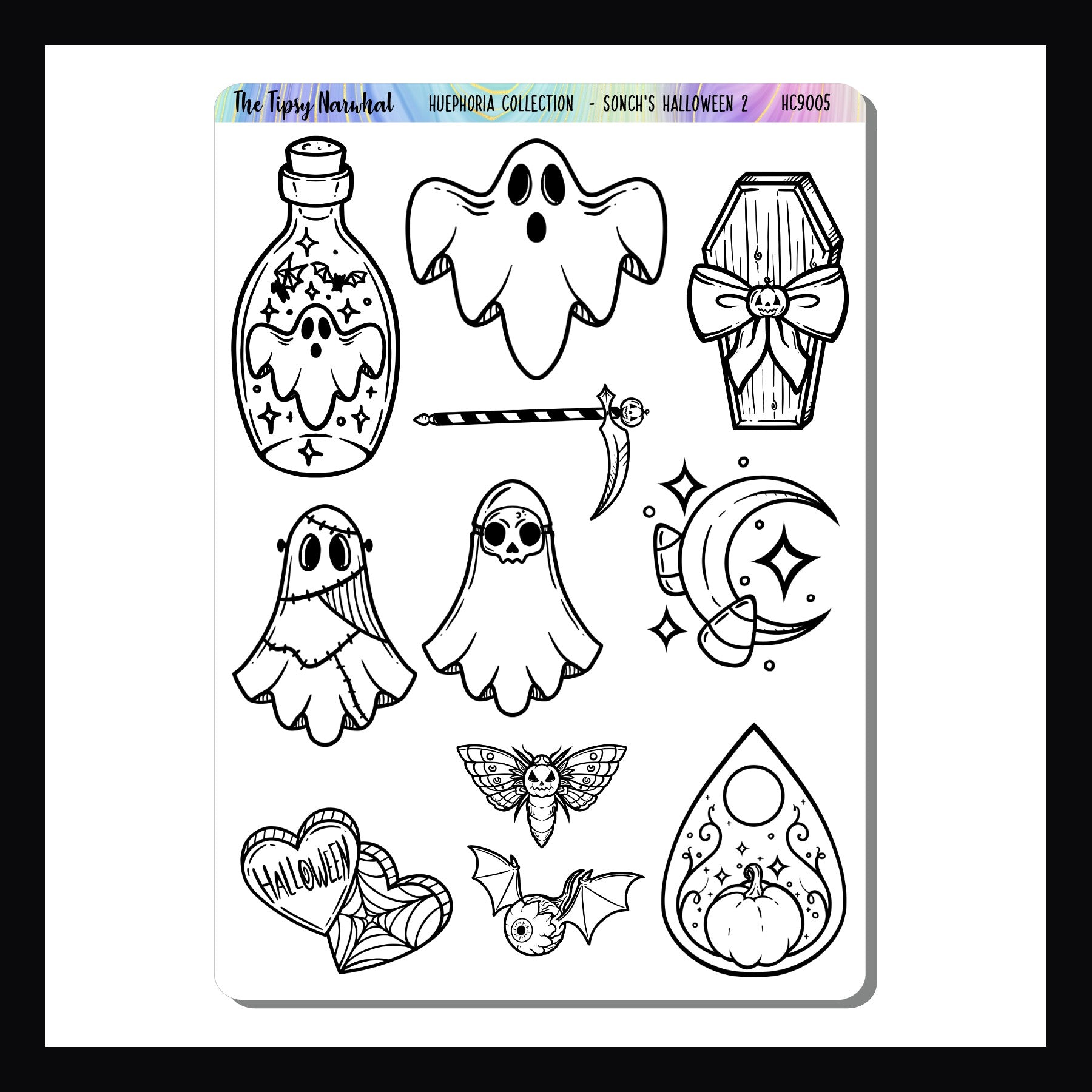 Sonch's Halloween 2 sticker sheet is a collection of colorable Halloween stickers.  Part of the Huephoria Sticker Collection.