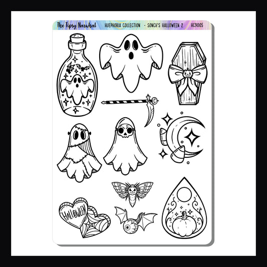 Sonch's Halloween 2 sticker sheet is a collection of colorable Halloween stickers.  Part of the Huephoria Sticker Collection.