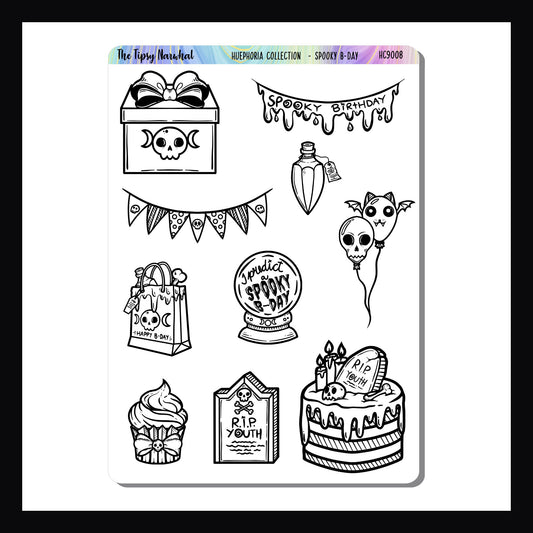 Spooky B-Day stickers feature 10 colorable stickers with a spooky birthday theme.  Part of the Huephoria Sticker Collection