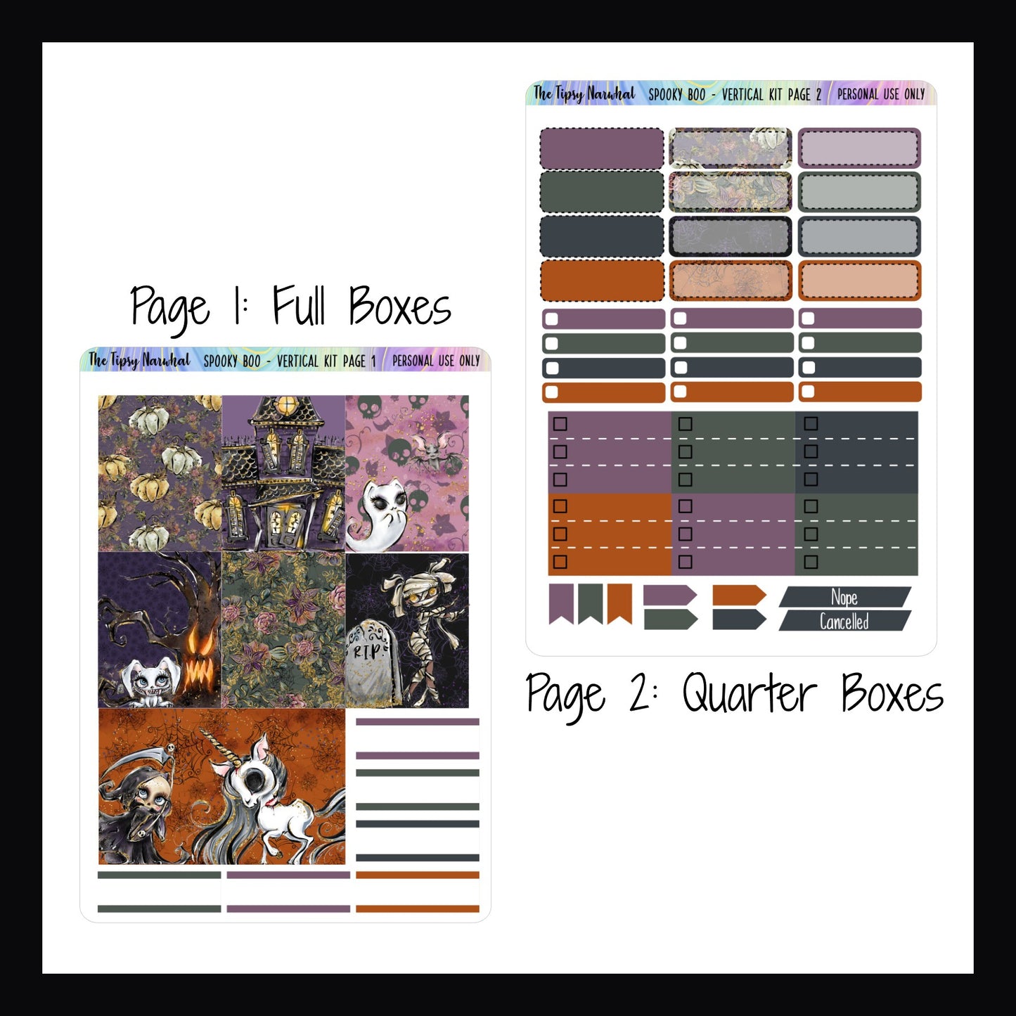 Spooky Boo Vertical Weekly Kit Pages 1 and 2, Full decor boxes, halloween themed, spooky characters, spooky sticker kit, appointment stickers, priority stickers, flag stickers, cancelled stickers orange, grey, purple and green stickers