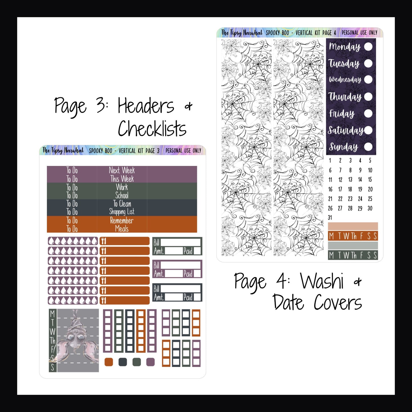 Spooky Boo Vertical Weekly Kit Pages 3 and 4, Washi stickers, date covers, habit trackers, water tracking, meal tracking, weekly sticker, checklist stickers, bill trackers, header stickers, halloween themed, spooky stickers, orange, grey, green, and gray stickers