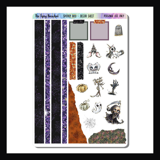 Spooky Boo Decor Sheet, Washi Stickers, Sticky Note Stickers, glitter stickers, torn paper stickers, spooky characters, grim reaper, ghosts, mummy, bat, spooky unicorn, vampire bunny stickers