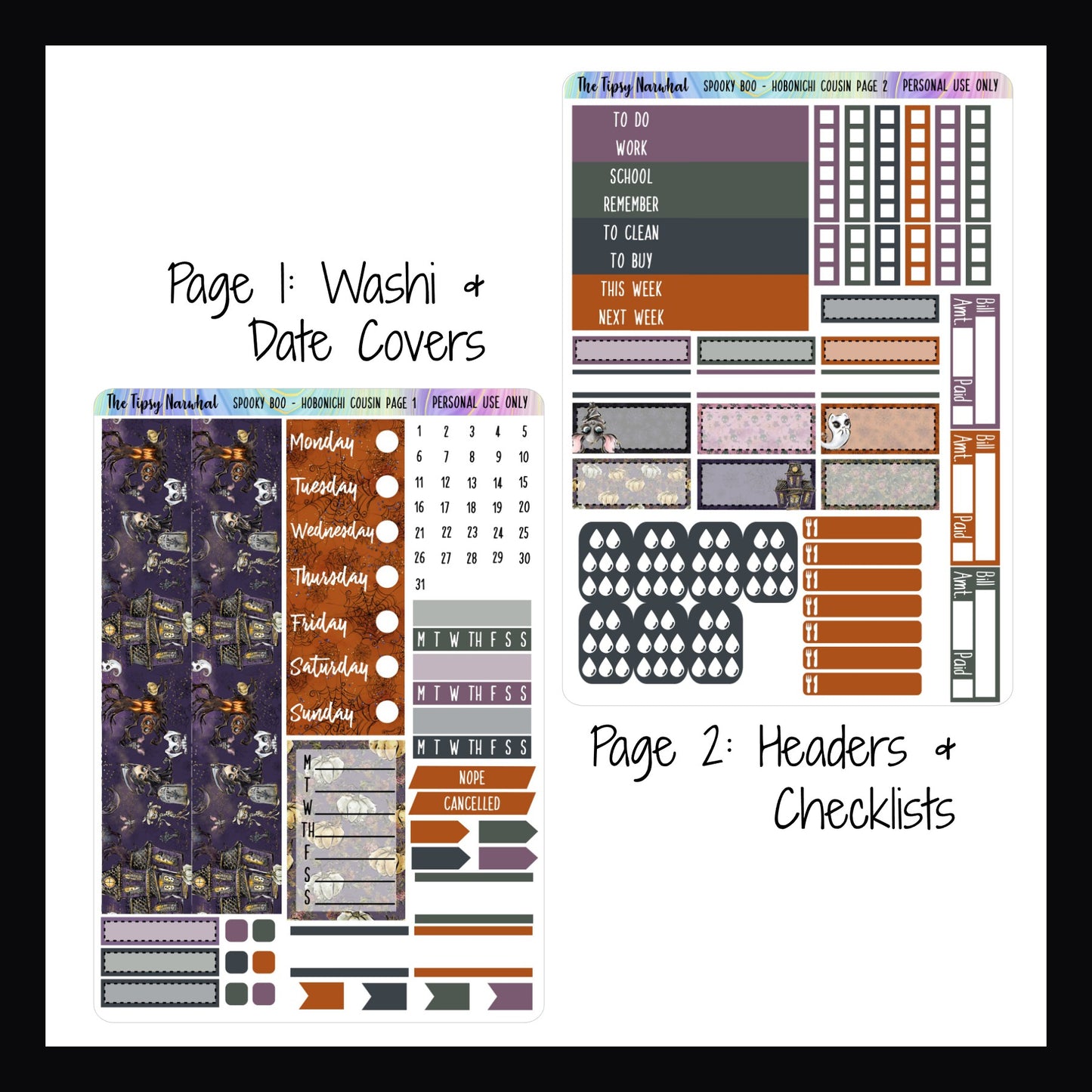 Spooky Boo Hobonichi Kit Pages 1 and 2, Spooky characters, halloween themed, sticker sheets washi stickers, date covers, weekly sticker, habit trackers, flag stickers, water tracker, meal tracker, checklists and header stickers