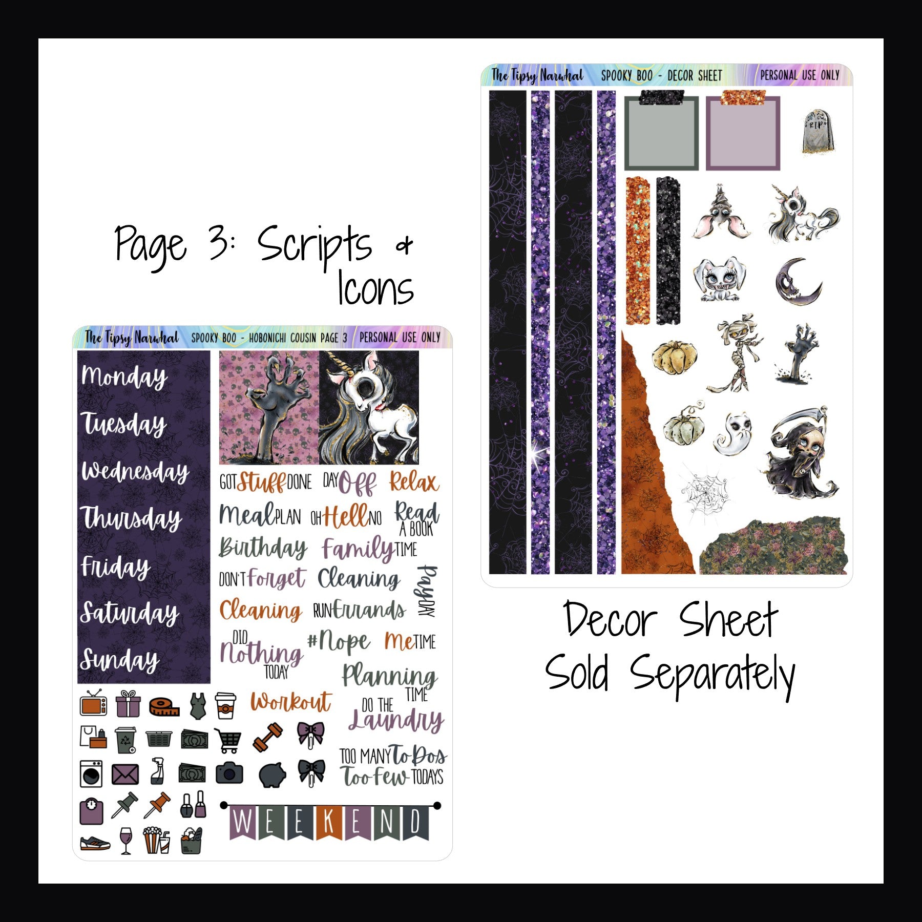 Spooky Boo Hobonichi Cousin kit Page 3 and Decor Sheet, date covers, weekend banner, daily icons, script stickers, zombie hand stickers, grim reaper, dead unicorn, ghost stickers, bat sticker, washi stickers, halloween themed kit, spooky character stickers