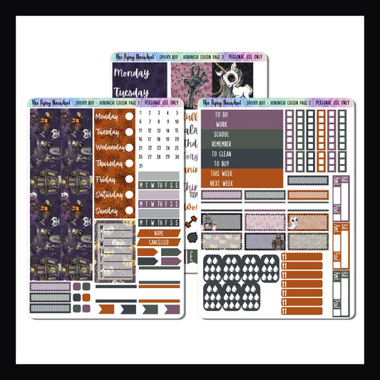 Spooky Boo 3 page Hobonichi Cousin Sticker set, weekly layout, daily layout, Washi Stickers, Date Covers, Spooky Characters, Halloween Theme Stickers, Trackers, Date Covers, Purple, orange, grey and green.
