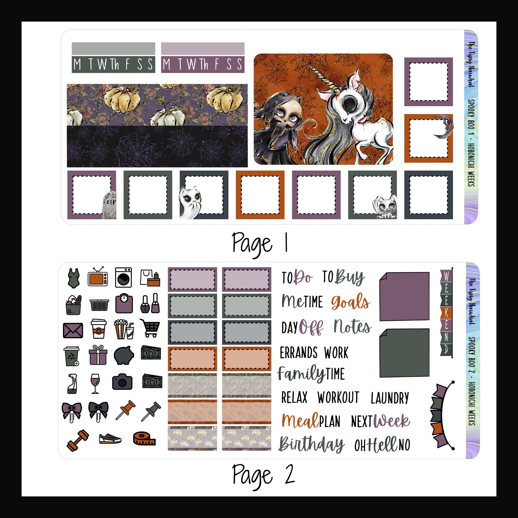 Spooky Boo Hobonichi Weeks Pages 1 and 2, Square box stickers, washi stickers, daily icon stickers, banner sticker, habit trackers, weekend banner sticker, halloween themed, spooky stickers