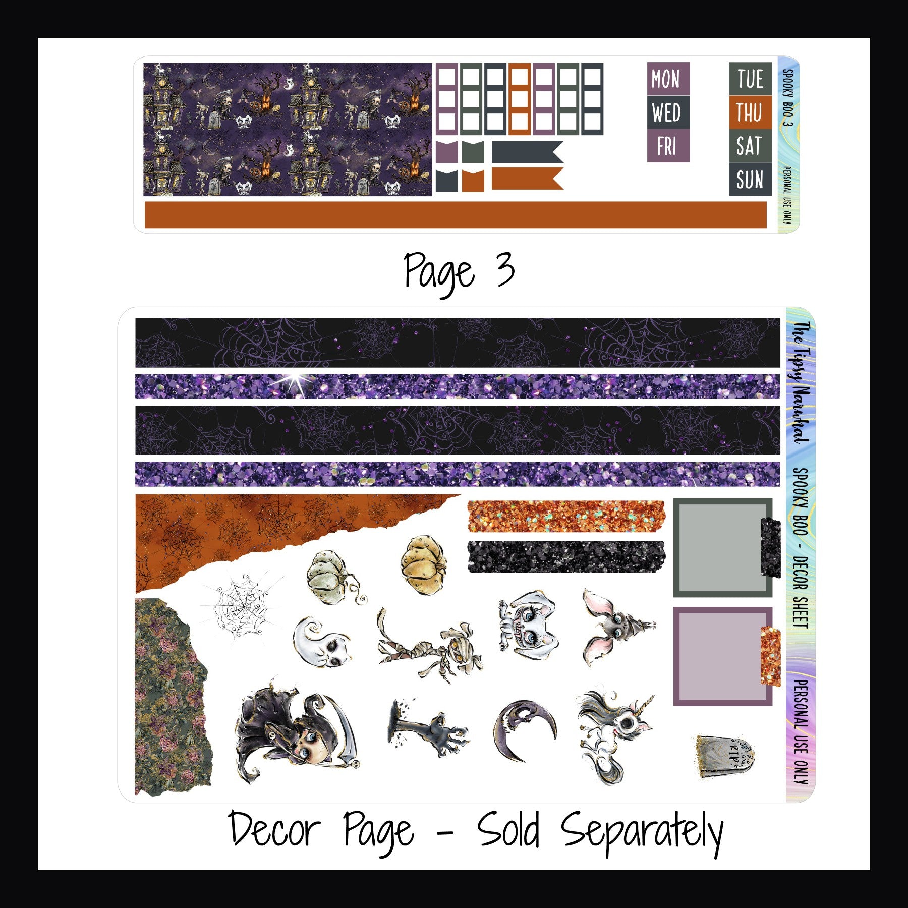 Spooky Boo Hobonichi Weeks Page 3, Decor Sheet, washi tape, date covers, decorative stickers, torn paper stickers, grim reapers, spooky bunny, spooky unicorn, moon, mummy, sticky note stickers