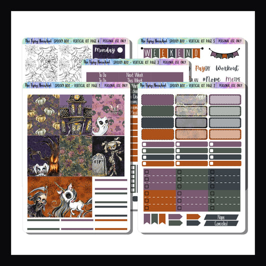 Spooky Boo Vertical Weekly Kit, 5 Page sticker kit, planner stickers, halloween themed kit, purple, green, grey and orange stickers