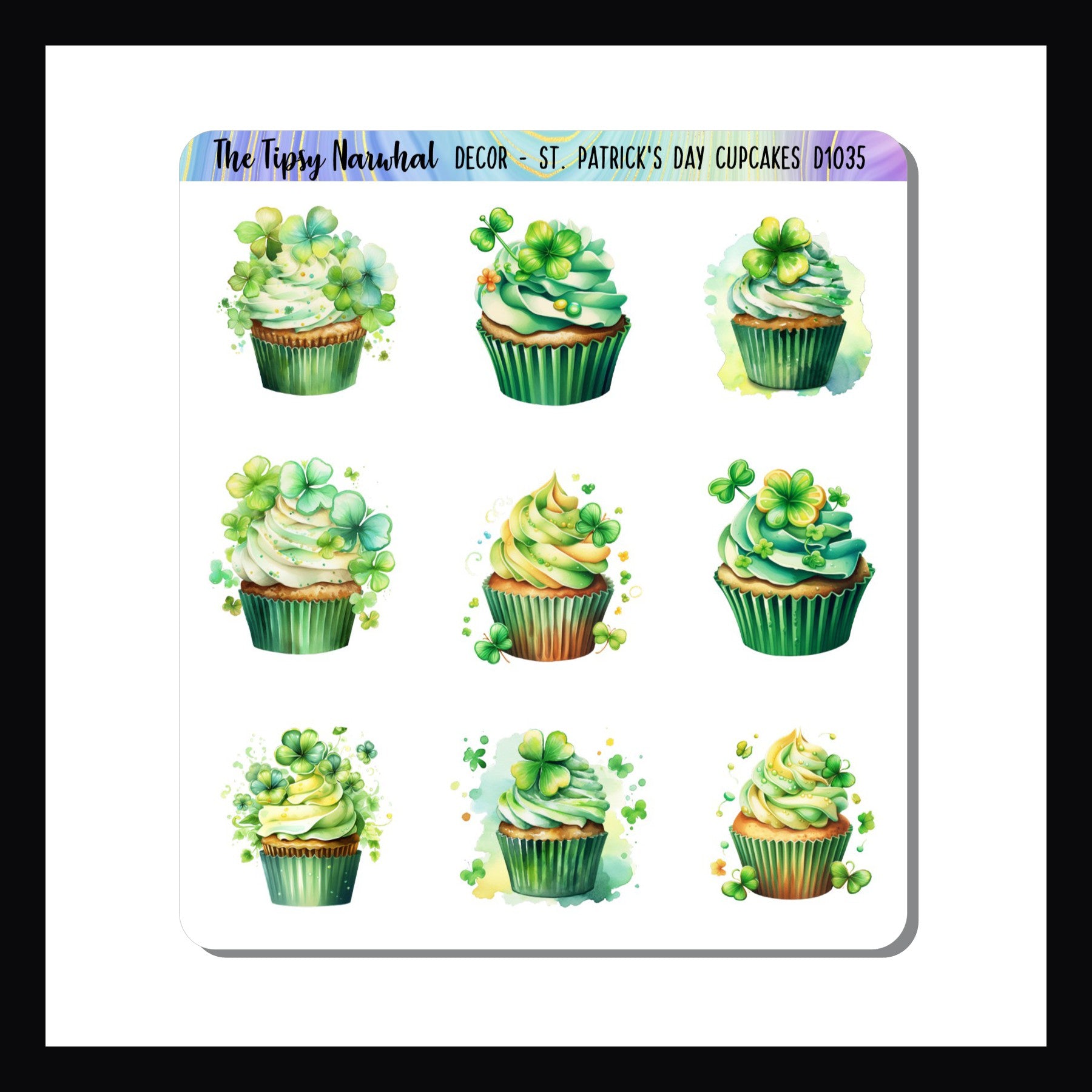 St Patrick's Day Cupcakes Decor Sheet features 9 different cupcake stickers.  Each cupcake decorated in green frosting with various 4 leaf clovers.
