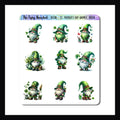 St. Patrick's Day Gnomes Decor Sheet features 9 adorable gnome stickers.  Each gnome dressed in green and celebrating the holiday.