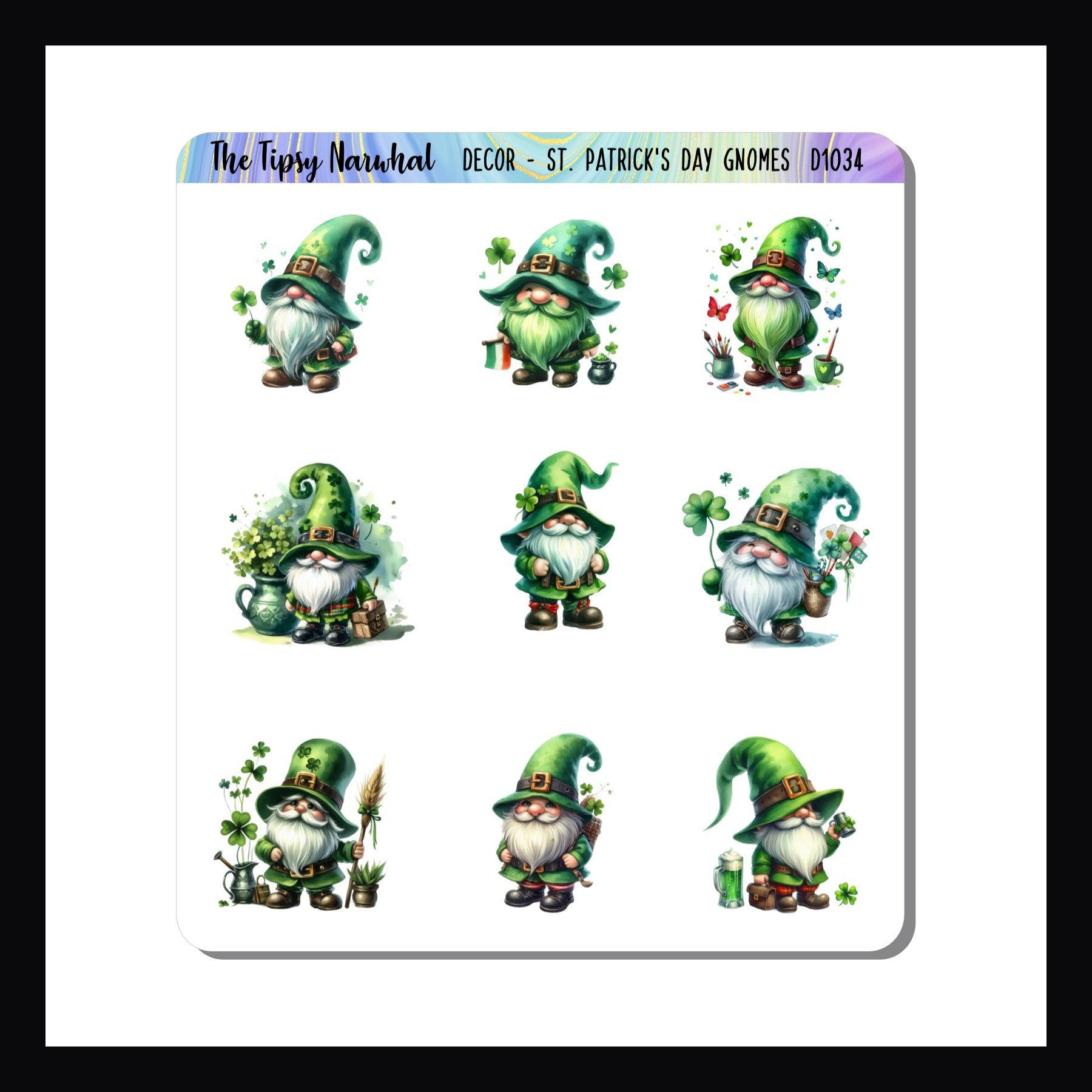St. Patrick's Day Gnomes Decor Sheet features 9 adorable gnome stickers.  Each gnome dressed in green and celebrating the holiday.