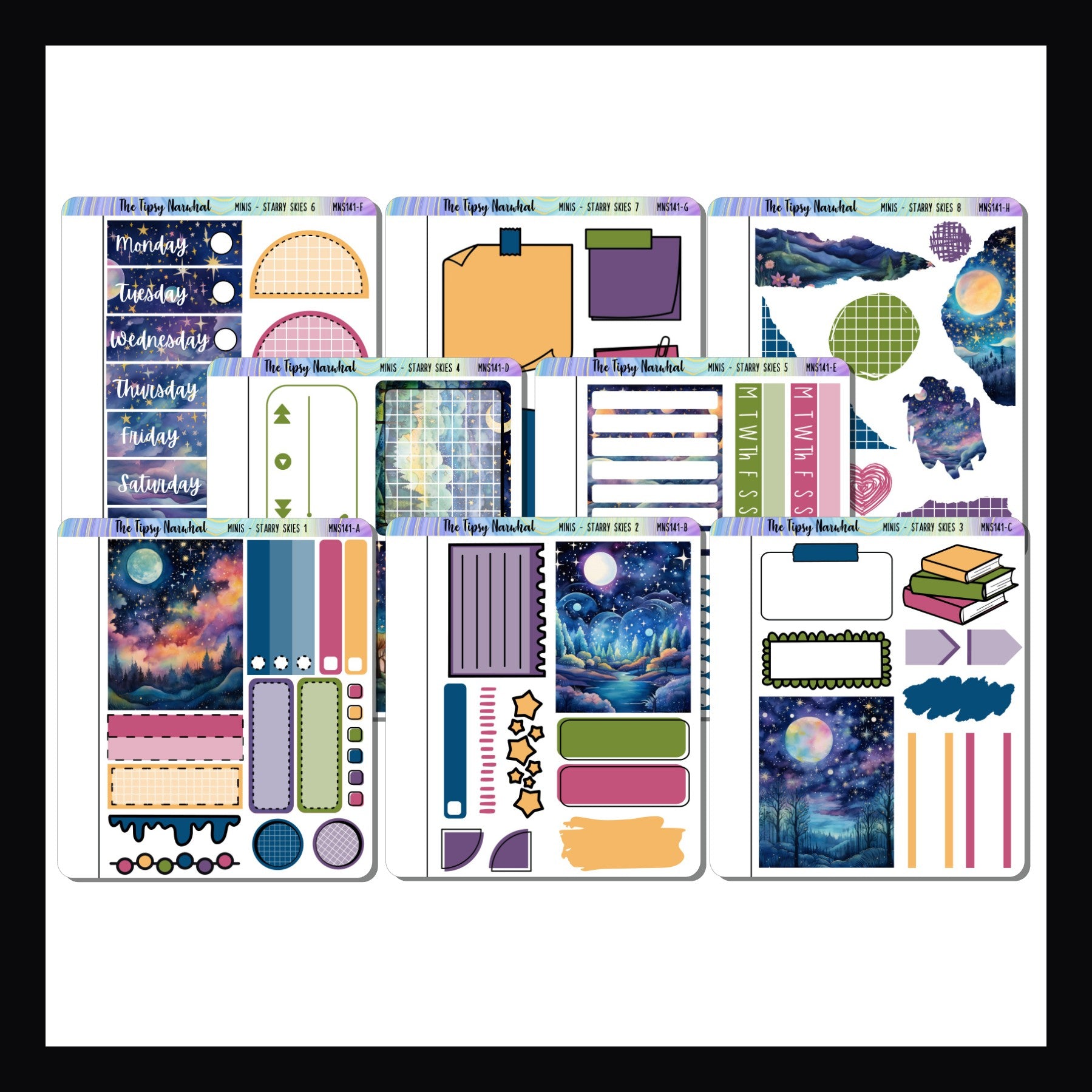 The Starry Skies Freestyle Minis is a collection of 8 quarter sized sticker sheets all featuring stylized landscapes of bright star filled night skies.  Pick and choose which stickers work best for your planning style or purchase all 8 for a discounted price. 