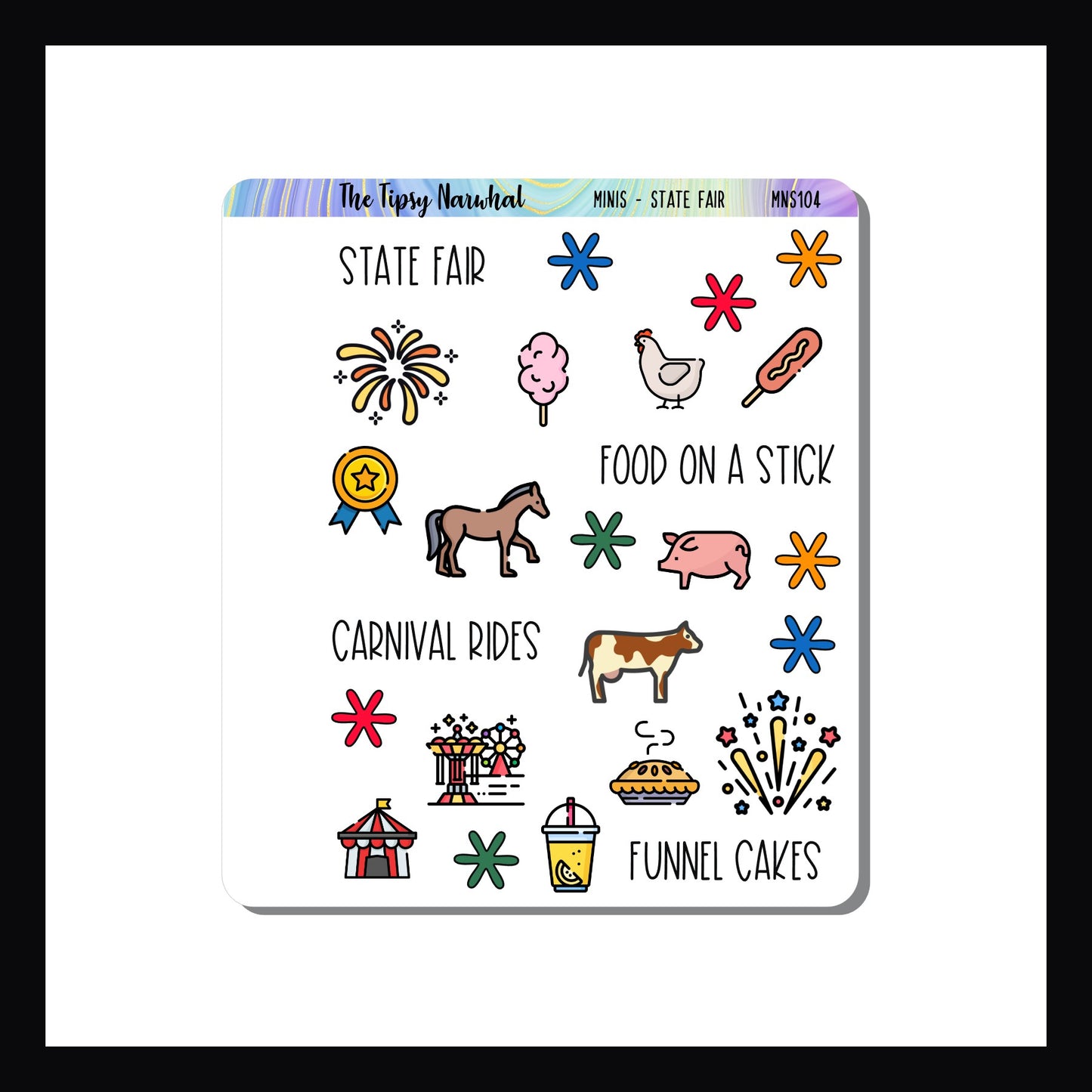 Mini Icon Sheets State Fair is a 3.5 x 4" sticker sheet featuring small state fair icon stickers.  Perfect for small format planners, wall calendars and monthly layouts.