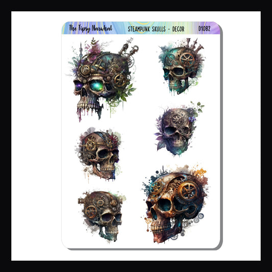 Steampunk Skulls Decor Sheet is a 3.5 x 5 inch sheet featuring 6 skull designs. Each unique design features a steampunk motif and vary in size. 