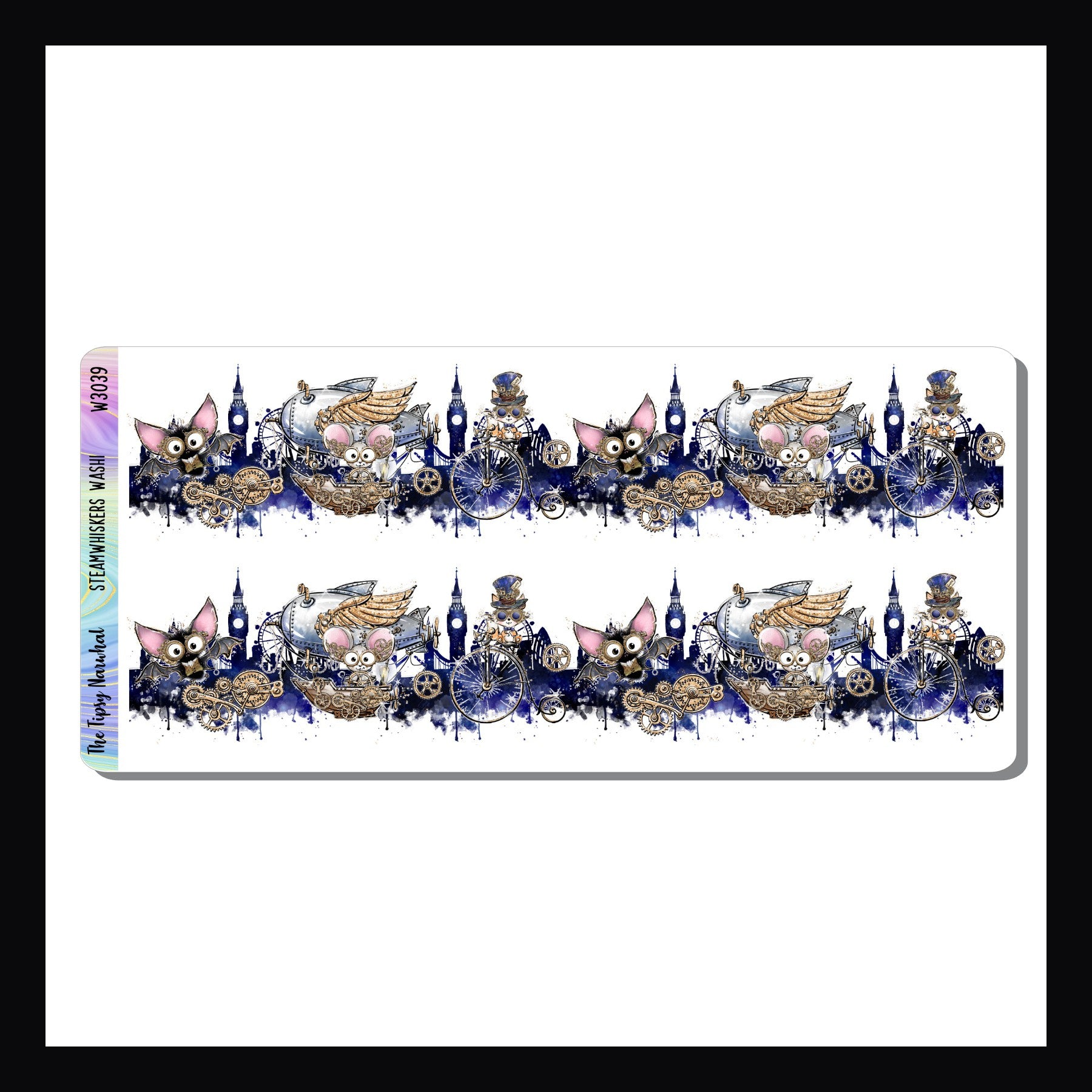 Steamwhiskers Washi Sheet contains two strips of fancy cut washi each approximately 6 inches in length.  Washi features a collection of adorable animals and their various steampunk inventions.