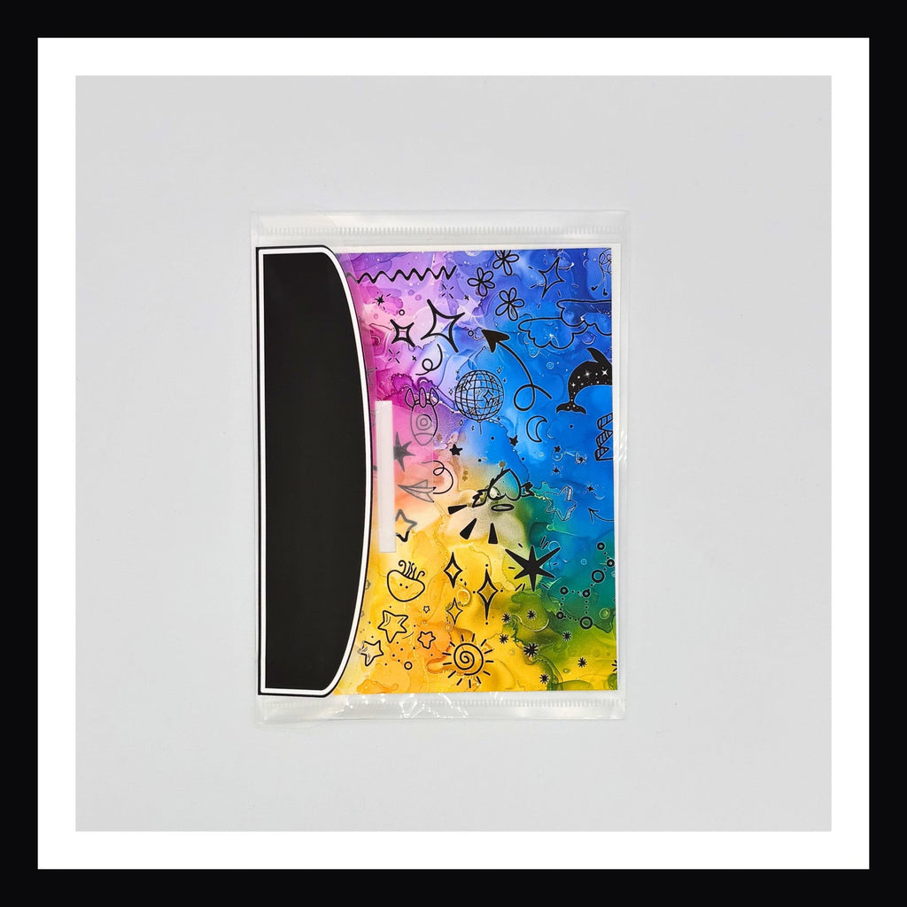 Plastic folder with colorful design and a black flap closure shown on a white background.