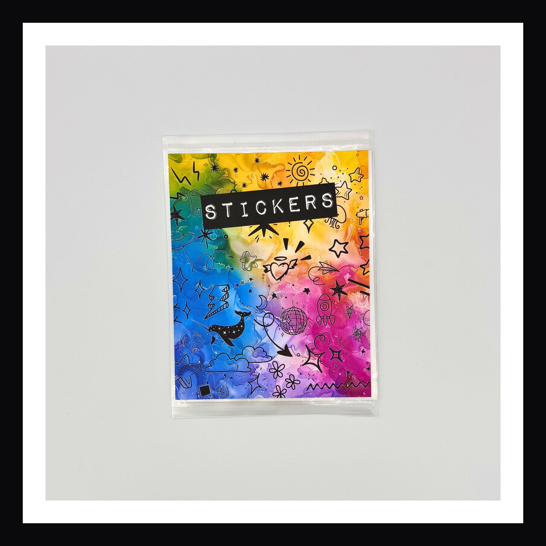 Plastic folder with a colorful design shown on a white background.