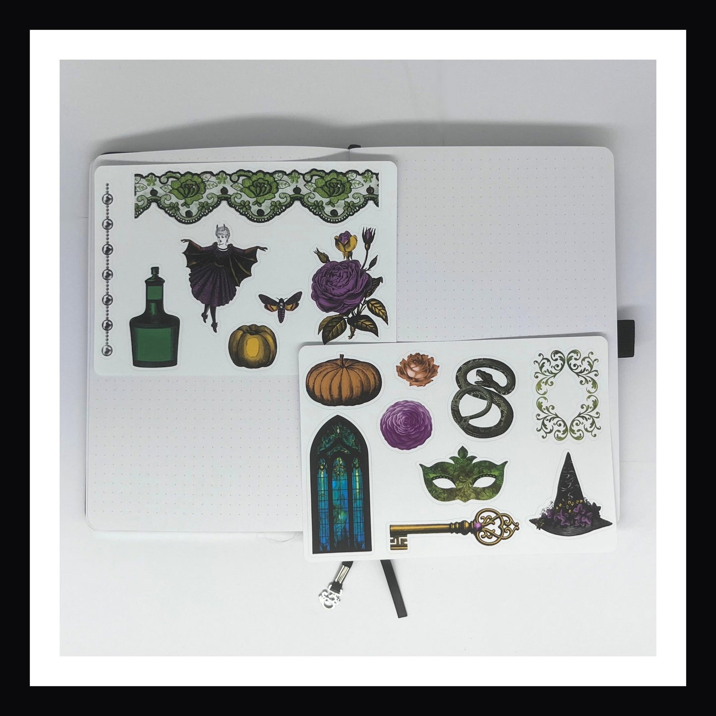 Deluxe Halloween Junk Journal Kit includes two full size sticker sheets.  Each sheet is 5x7 inches and features multiple fully colored halloween themed stickers. 