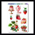 Strawberries Decor Sheet is a 3.5 x 5 inch sticker sheet.  The stickers focus on strawberries and strawberry treats such as jam, cake and ice cream. 