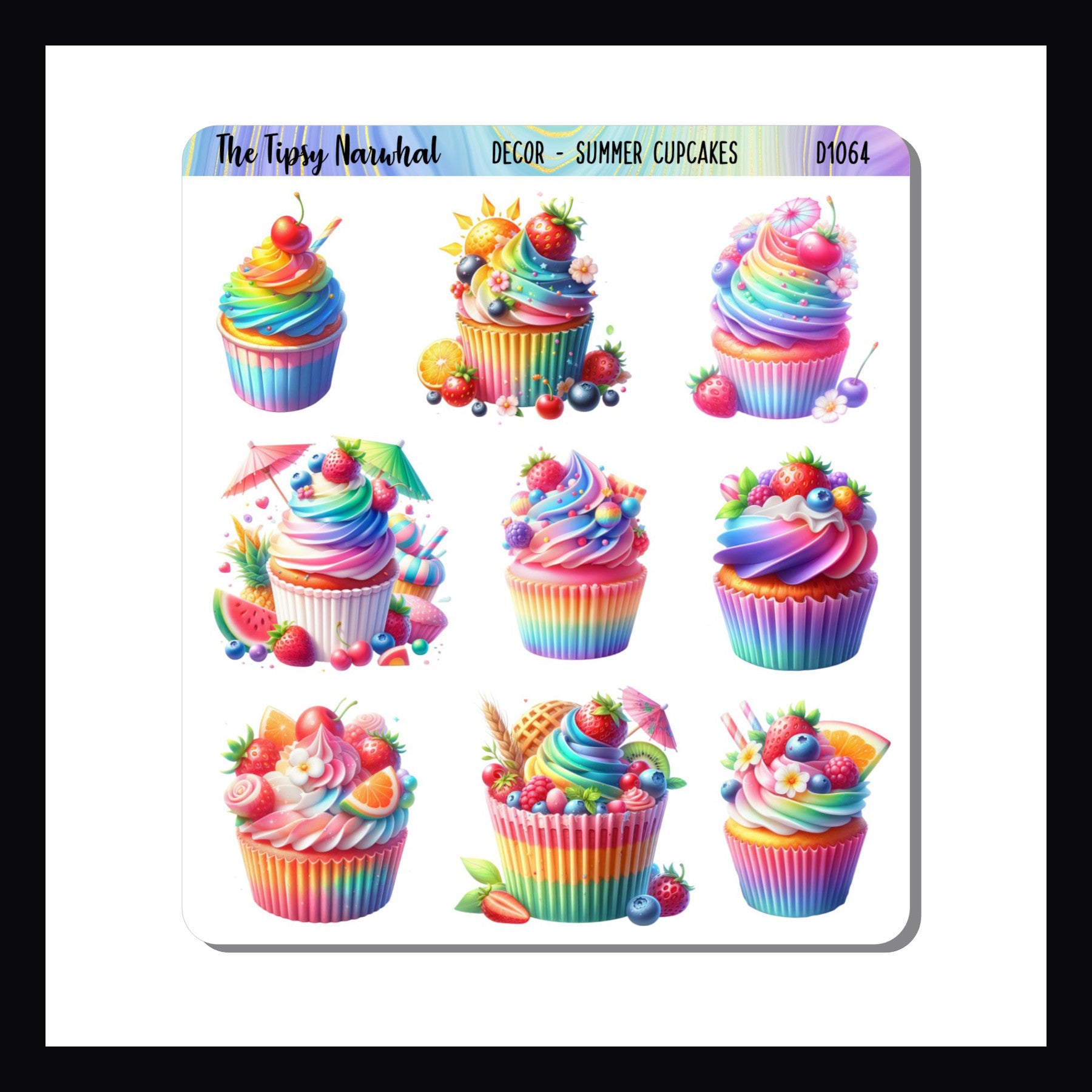 Summer Cupcakes Decor Sheet is a sheet of 9 cupcake stickers.  Each cupcake is decorated in vibrant colors to celebrate the summer season.