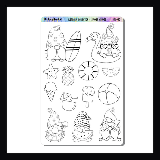 Summer Gnomes coloring stickers is a 4.5 x 7 inch sheet featuring a selection of adorable gnome stickers and their favorite summer foods and games.  Designed to be colored in using your favorite pens, pencils, markers or crayons these stickers work beautifully in planners, journals and creative projects.