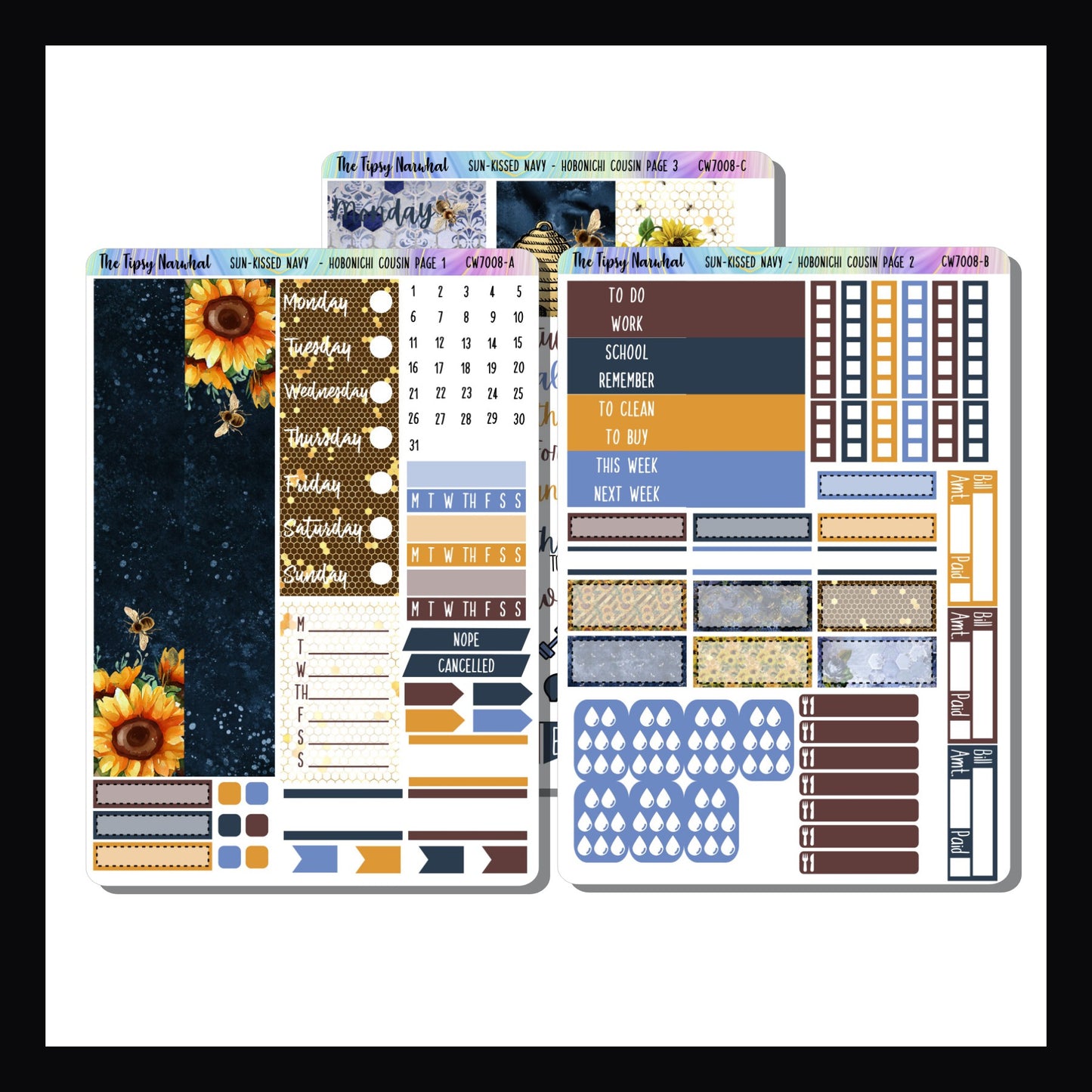 The Sun-Kissed Navy Hobonichi Cousin Kit is a 3 page sticker kit sized to fit the hobonichi cousin planner. It features a sunflower and bee theme with a gold, yellow and navy blue color palette.