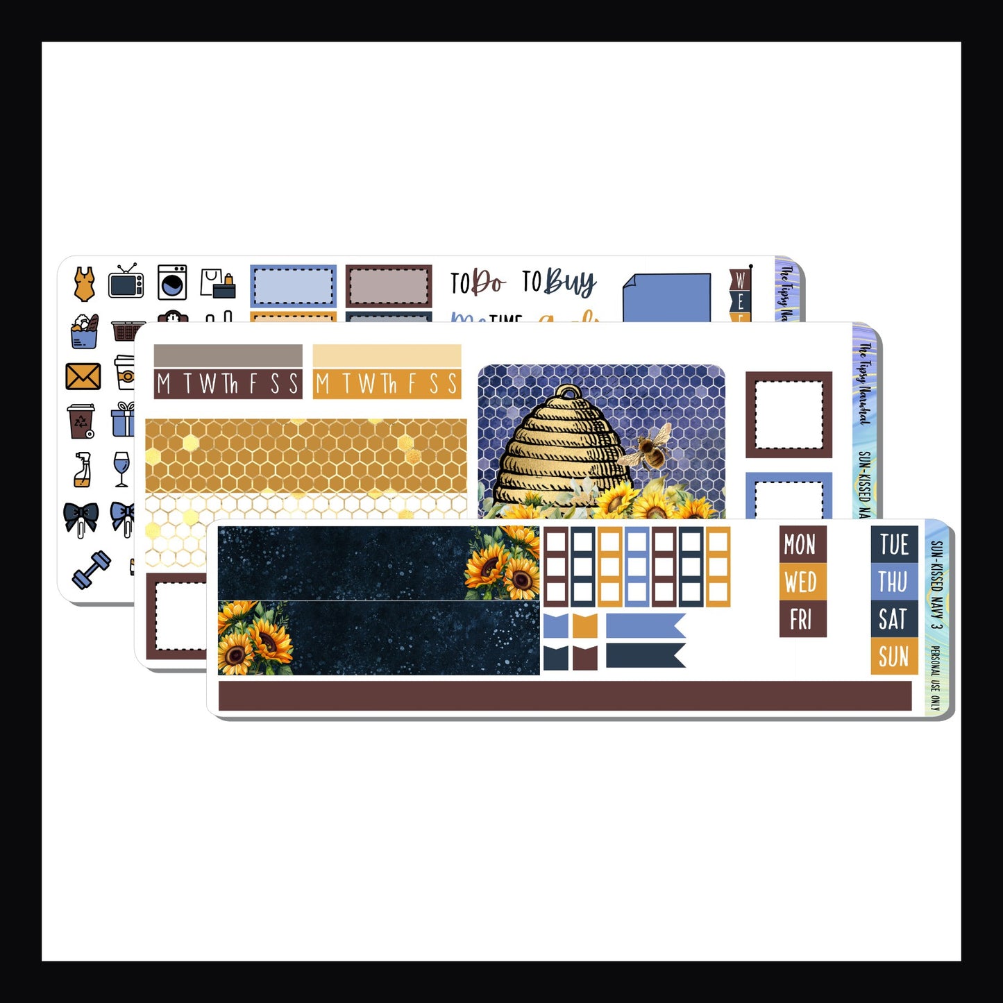 Sun-Kissed Navy Hobonichi Weeks Kit is a 3 page sticker kit sized to fit the Hobonichi Weeks planner and other similarly designed planners. It features a bee and sunflower theme with a blue, gold, and brown color palette. 