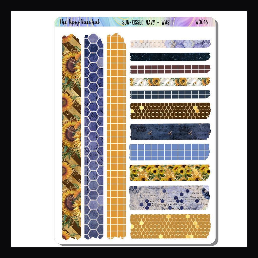Sun-Kissed Navy Washi Sheet features 14 strips of washi stickers.  Each washi strip has a unique design that coordinates with the Sun-Kissed Navy Kits. 