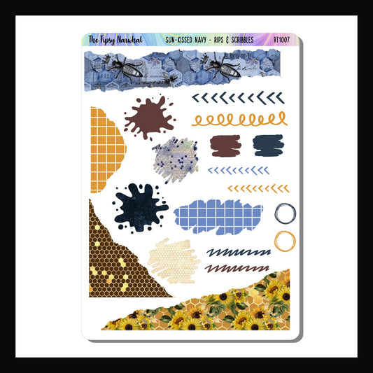 Sun-Kissed Navy Rips & Scribbles Sheet features various stickers with either a scribbled design, or a ripped edge appearance.  The colors and designs match the Sun-Kissed Navy Kits.