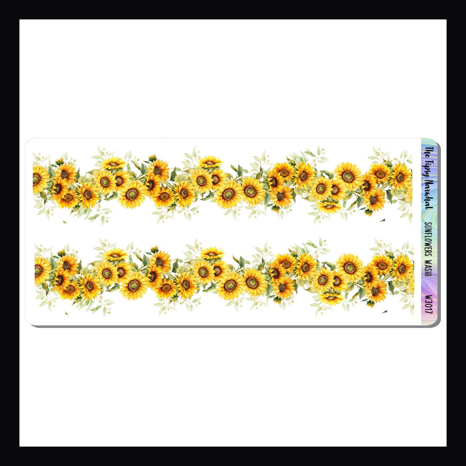 Sunflower Washi sheet is a sticker sheet featuring 2 fancy cut washi strips with a sunflower design.