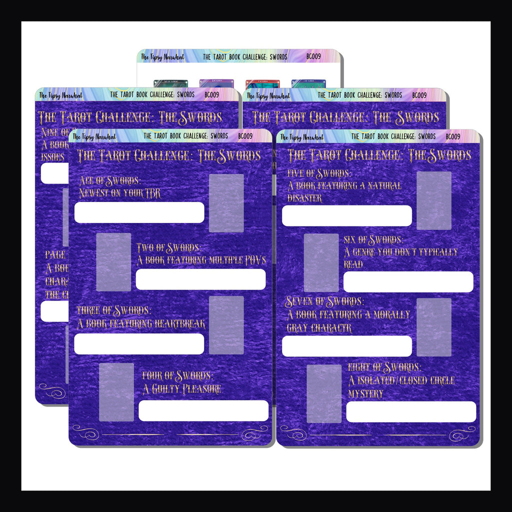The Tarot Book Challenge: Swords is an extension of the Tarot Book Challenge.  It is a 5 page sticker kit featuring a book prompt for each of the 14 cards in the Swords suit. 